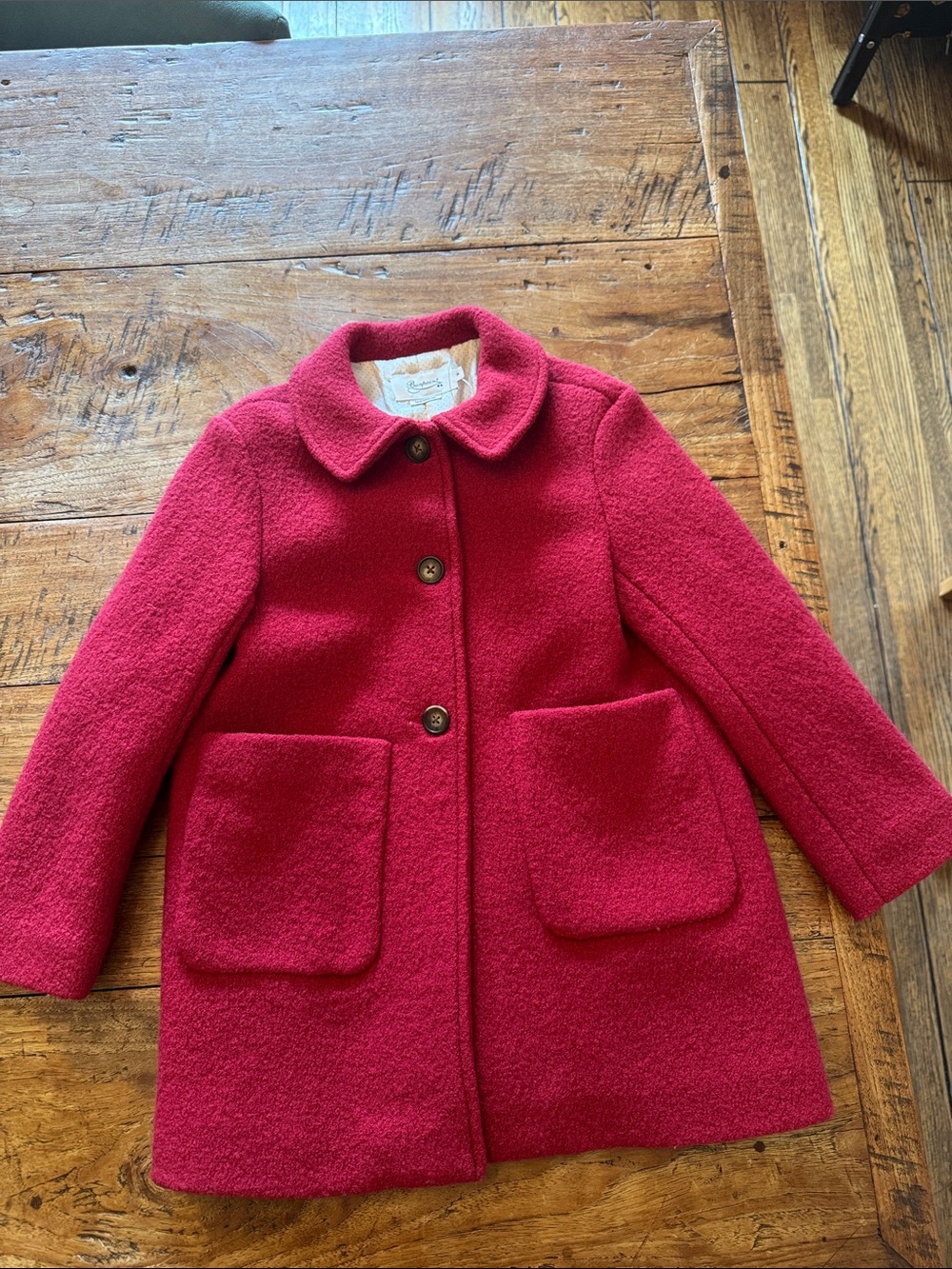 Bonpoint Girls' Dark Red Wool Pea Coat with Patch Pockets